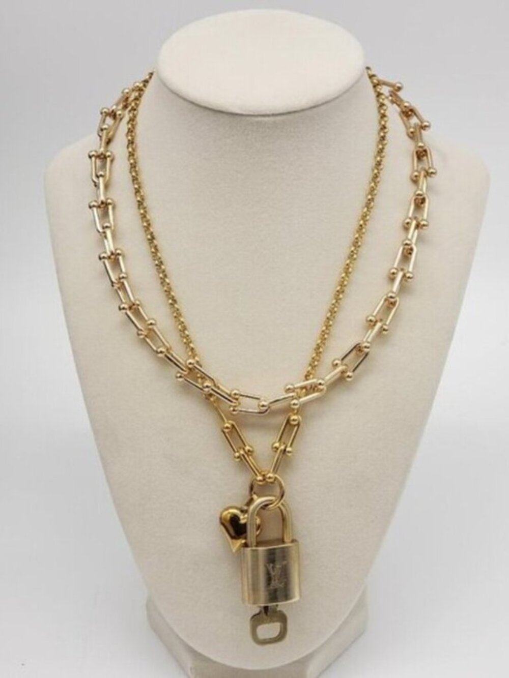 Authentic Louis Vuitton Gold Padlock w/ Unbranded Fashion Stainless Steel Chain